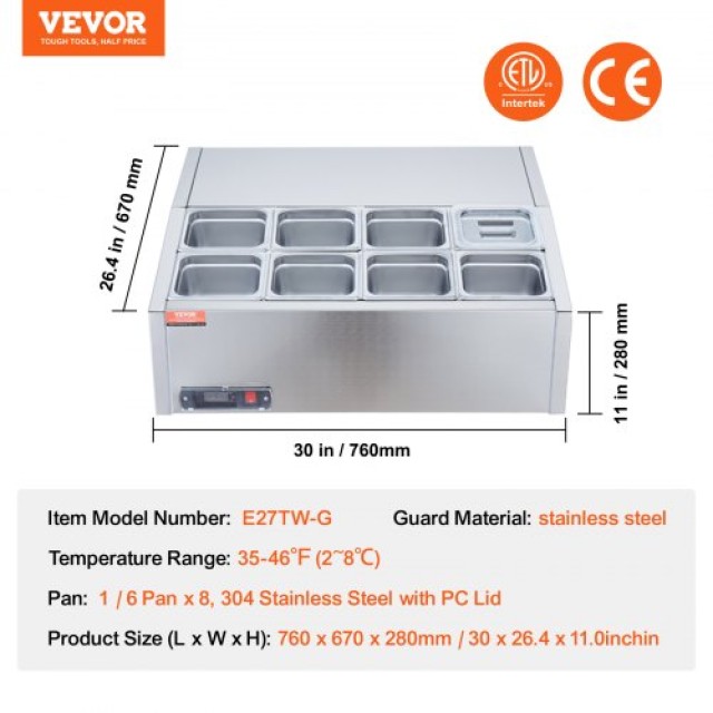 Ψυγείο Πάγκου VEVOR για Σαλάτες & Πίτσα 145W με Ανοξείδωτη Προστασία CE  BXGZLZDWT275H30FEV2