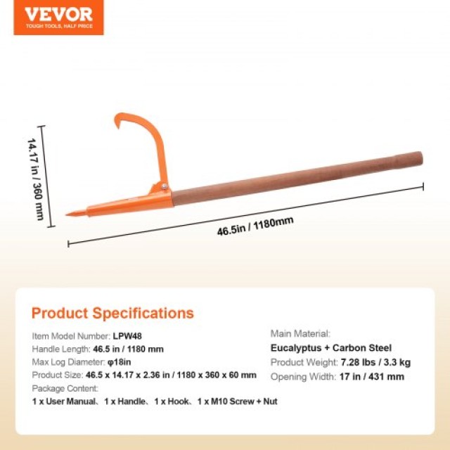 VEVOR  Περιστρεφόμενος Ανυψωτήρας Κορμών Peavey 46.5 με Ξύλινη Λαβή...