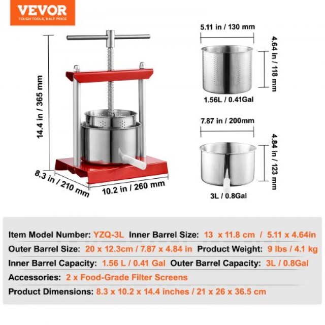 Πρέσα Φρούτων VEVOR 3L, Χειροκίνητη για Χυμούς & Έλαια  TSGJYZJBX3LT2STSQV0
