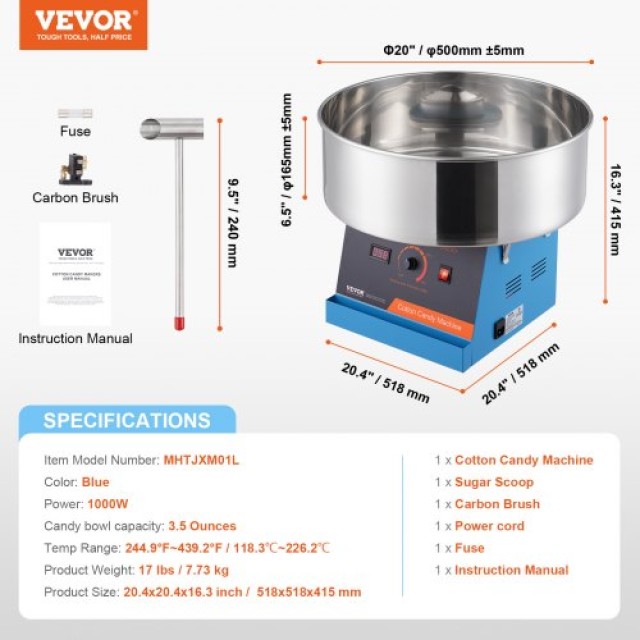 Μηχανή Μαλλιού της Γριάς VEVOR 1000W, Επαγγελματική με Ανοξείδωτο Κάδο (Μπλε)  TSMHTJLSWGXMBTCVMV2