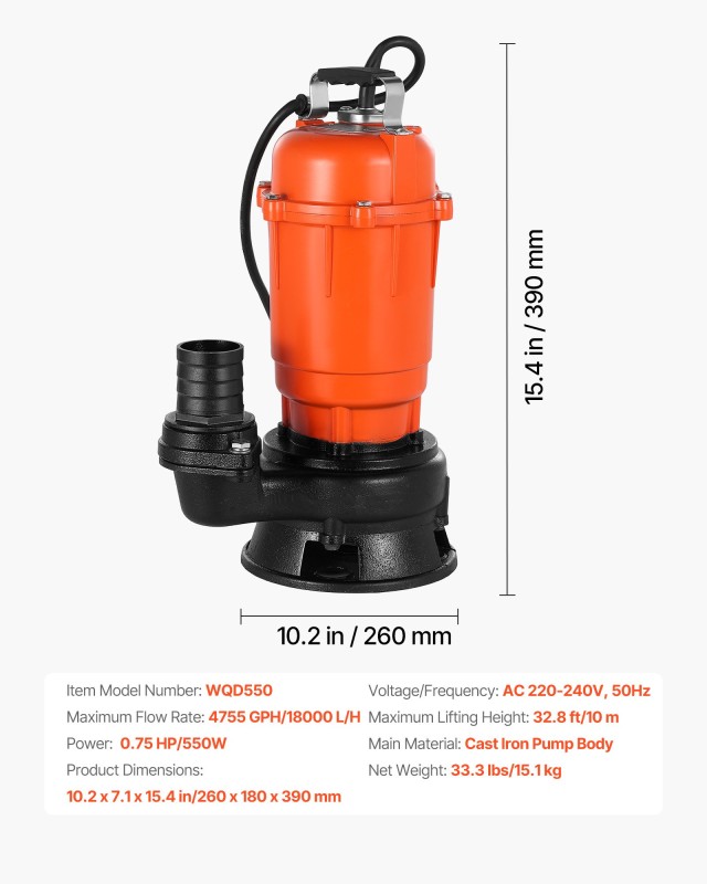 VEVOR Υποβρύχια Αντλία Απορριμμάτων 550W, 18000 L/H, με Ροή έως 32.... VEVOR Υποβρύχια Αντλία Απορριμμάτων 550W, 18000 L/H, με Ροή έως 32....
