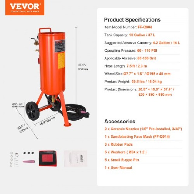 VEVOR Αμμοβολή 10 Γαλόνια 60-110 PSI με 2 Ακροφύσια & 2.3m Σωλήνα  PSG10JL6125PCA4TFV0