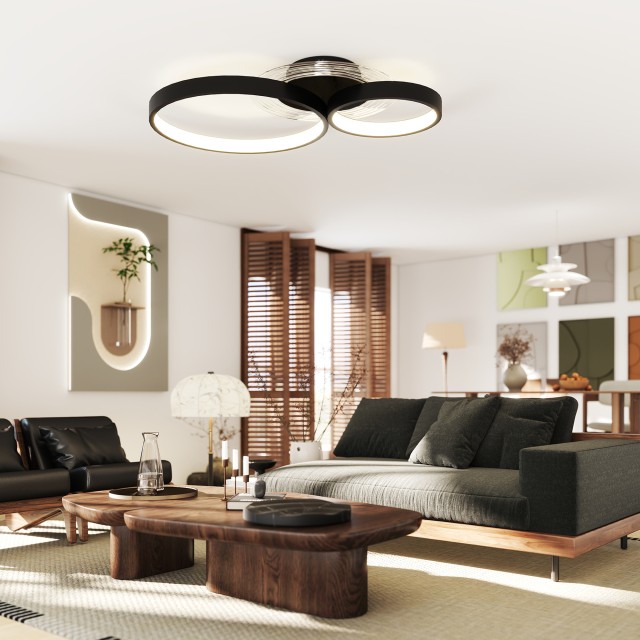 HOMCOM Μοντέρνα Μαύρη LED Οροφής 3 Δακτυλίων, Ρυθμιζόμενη Φωτεινότη...