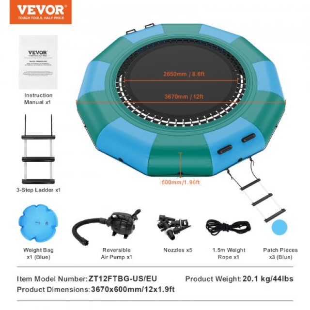 VEVOR 3.6m Φουσκωτό Τραμπολίνο Νερού Πλατφόρμα για Πισίνα Λίμνη Παιχνίδι  BTKSSBCLLS12AB51HV2
