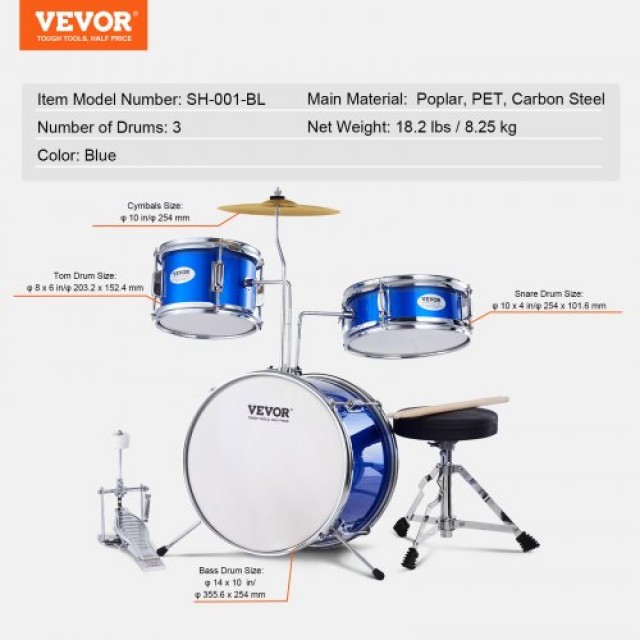 Σετ Τυμπάνων Παιδικό 3 Τεμαχίων VEVOR 14 Μπλε  SJTJZGSGZ14LBTYZAV0