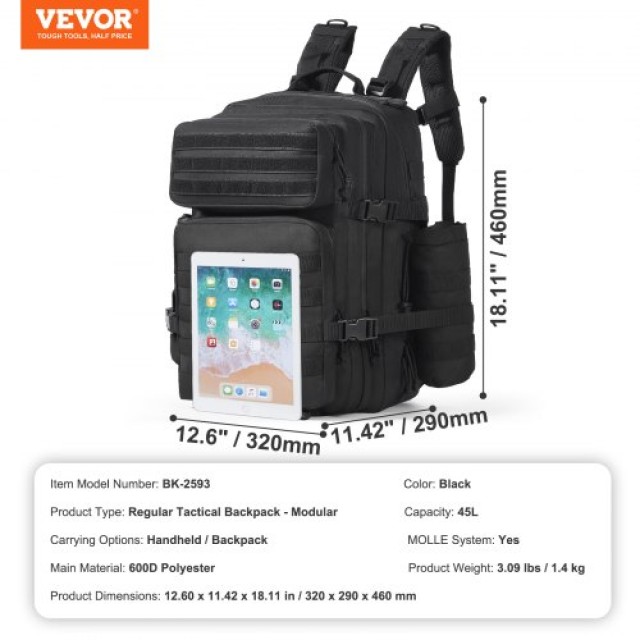 VEVOR  Στρατιωτικό Σακίδιο 45L με Molle & 3 Θήκες ZSBBMKSHS45LT750IV0