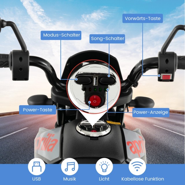 Costway  Ηλεκτρική Παιδική Μοτοσικλέτα Aprilia με Βοηθητικές Ρόδες, Μουσική & Φώτα 12V Μπλε 110 x 52 x 70 εκ. TQ10143DE-NY
