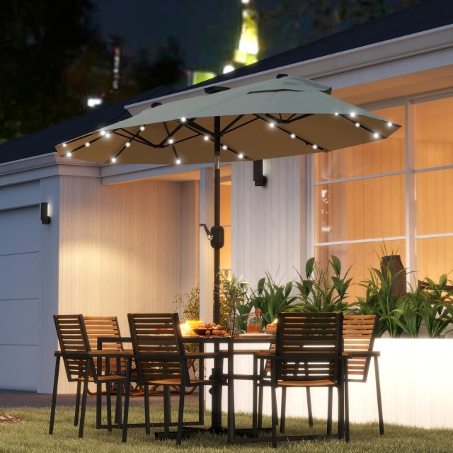 Outsunny Διπλή Ομπρέλα με Φώτα LED και Σταυροειδή Βάση, από Πολυεστέρα και Ατσάλι, 295x150x219 εκ., Λευκό Κρεμ. 84D-223V00CW