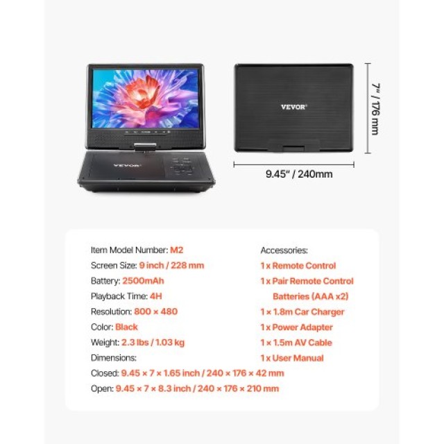 VEVOR Φορητό DVD Player με Οθόνη 228 mm και Ενσωματωμένη Μπαταρία 4...