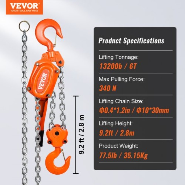 VEVOR Χειροκίνητος Αλυσοτροχός 6 Τόνων, 13200 lbs, 10 FT, G80 Χάλυβας, Φρένο Weston, 360° Γάντζος  CGSBHLH6T10FTZVRQV0