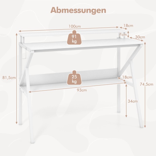 Costway Λευκό Γραφείο με Ράφι και Βάση Οθόνης 100 x 50 cm CB10771WH