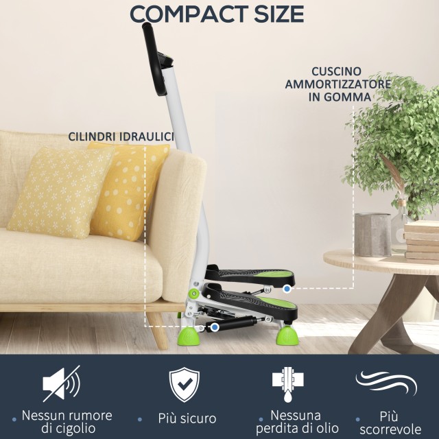HOMCOM Stepper με τιμόνι, οθόνη LCD και αντιολισθητικά πετάλια, 55x44x108 εκ., λευκό και πράσινο A90-263WT