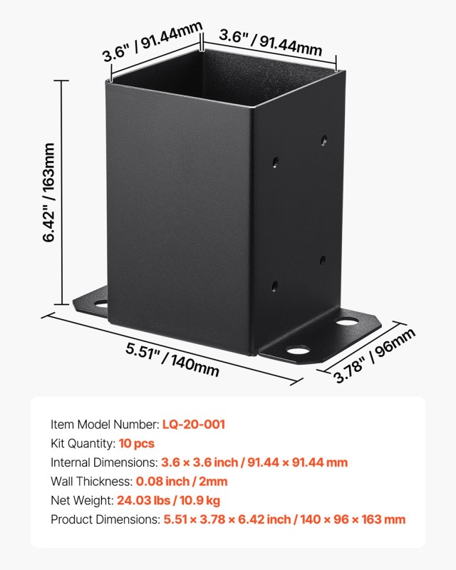 VEVOR Βάσεις Στύλων 4x4, Εσωτερική Διάσταση 3.6x3.6 ίντσες, 10 τμχ,...