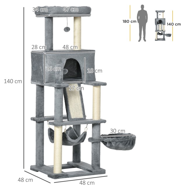 PawHut Cat Tree with Sisal Posts, Σπίτι, Κρεβάτι και Αιώρες, 48x48x140cm, Γκρι D30-566V00GY