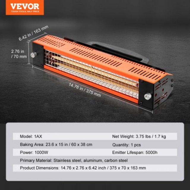 VEVOR Φορητή Λάμπα Υπέρυθρης Ωρίμανσης Χρώματος 1000W για Στέγνωμα Αυτοκινήτων Σώματος SCSKQD1000W077ED5V2