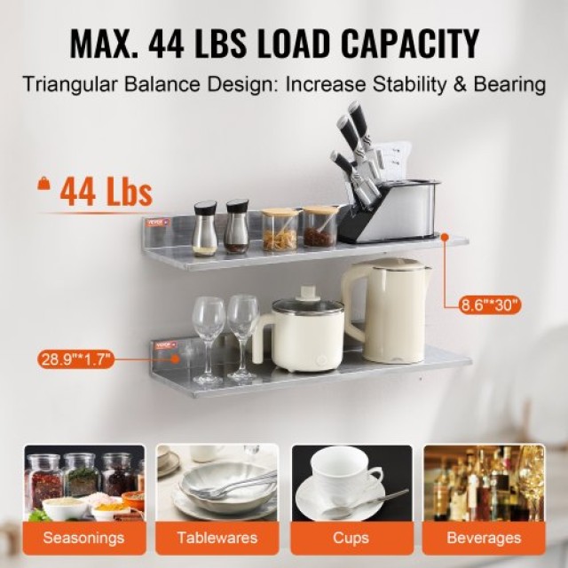 Ράφι Ανοξείδωτο VEVOR 8.6 x 30, Επιτοίχιο με Πλάτη, 20kg, Επαγγελματικό για Εστιατόρια, Κουζίνες, Μπαρ, Σπίτια, Ξενοδοχεία  BGSCTTLL86302L4L7V0