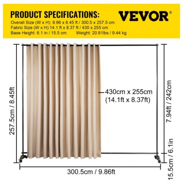 Διαχωριστικό Κουρτίνας VEVOR 8x10 ft με Ρόδες, Αλουμινένιο Πλαίσιο, Μαύρη Κουρτίνα & Τσάντα, Μπεζ  PFWMSBDDWCNCPA6MVV0