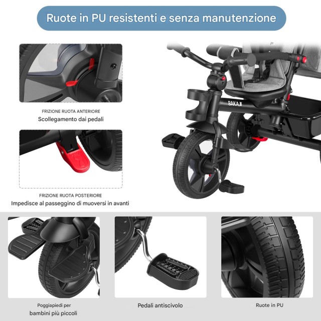BAKAJI Παιδικό Τρίκυκλο 5 σε 1 Μαύρο με Κουκούλα, Πεντάλ και Εργονο...
