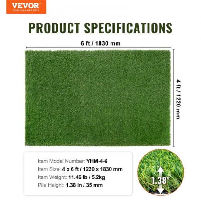 VEVOR Τεχνητό Γρασίδι 1.2 x 1.8 m, 35mm Χαλάκι Εξωτερικού Χώρου, Πράσινο, Εύκολο Καθάρισμα με Οπές Αποστράγγισης  RZCP1J4X6FT18HFZTV0
