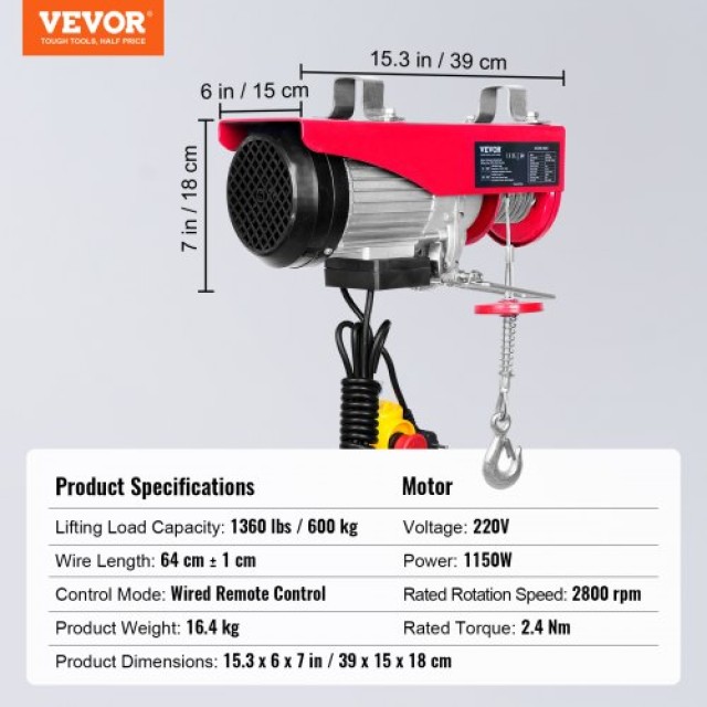 Ηλεκτρικός Γερανός VEVOR, 600kg, 1150W, 220V, 12m Καλώδιο, Χειριστήριο, Χαλκός Κινητήρας  DDGSSHLYXYKKY1RV9V2