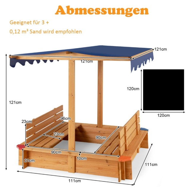 Costway Κουτί άμμου με στέγη 120 x 120 cm από κέδρο, μεγάλη άμμος με 2 μετατρέψιμα καθίσματα, φυσικό χρώμα. TS10037