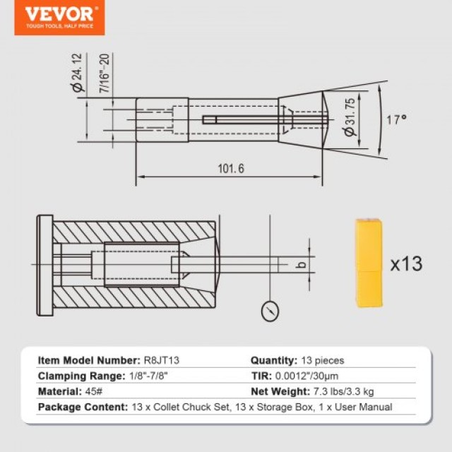 VEVOR  Σετ 13 Κολετών Ακριβείας R8, 1/8 - 7/8, Χάλυβας 45#, για Φρέζα, Δράπανο, Κέντρο Κατεργασίας R8JT13PCSW00O2D91V0