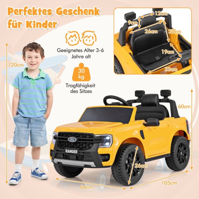 Costway Παιδικό Ηλεκτρικό Αυτοκίνητο Ford Ranger με Πολυμέσα και Ασφαλή Οδήγηση TQ10282DE-YW
