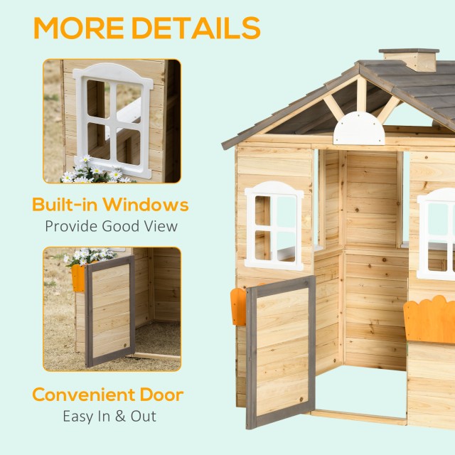Outsunny Little House για Παιδιά 3-7 ετών με 2 παράθυρα με θήκη για γλάστρα και πάγκο, σε ξύλο ελάτης και PP, 113Lx94x134,5 cm 345-024