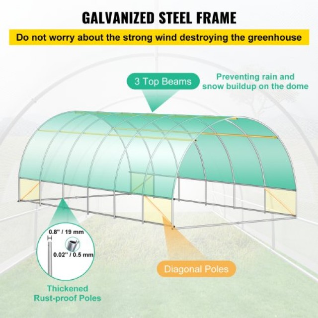 VEVOR Θερμοκήπιο Σήραγγας 20x10x7 ft με Γαλβανισμένους Στύλους & 12 Παράθυρα, Λευκό  YDSDWS20107FTYBYXV0