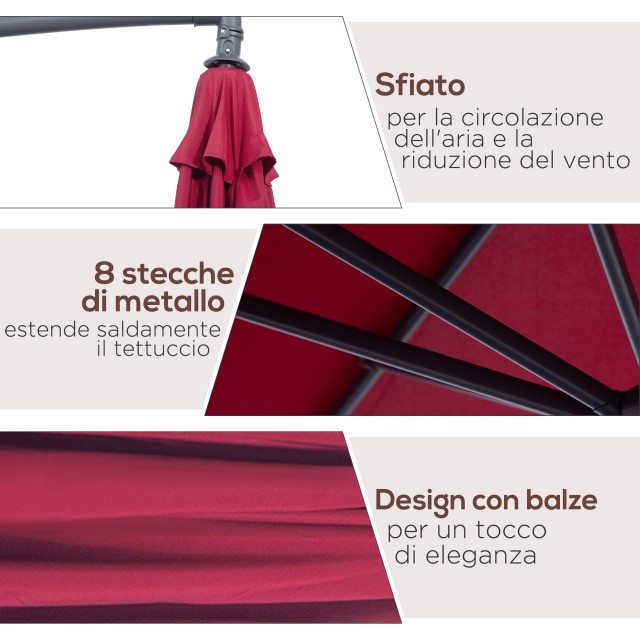 Outsunny Decentralized Metal Parasol, Bordeaux, Φ3x2,6m 01-0584