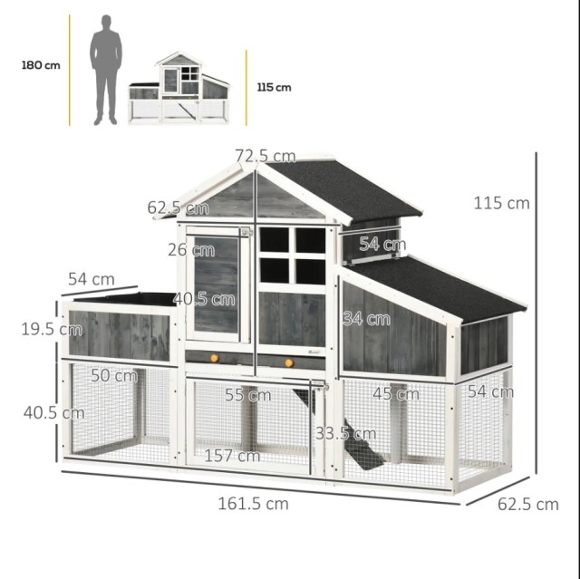 PawHut Prefab Ξύλινο κοτέτσι με ανοιχτό χώρο, κοτέτσι και φωλιά βρεφών, παρτέρι και ασφάλτινη στέγη, γκρι 161.5 x 62.5 x 115 cm D51-361V00GY