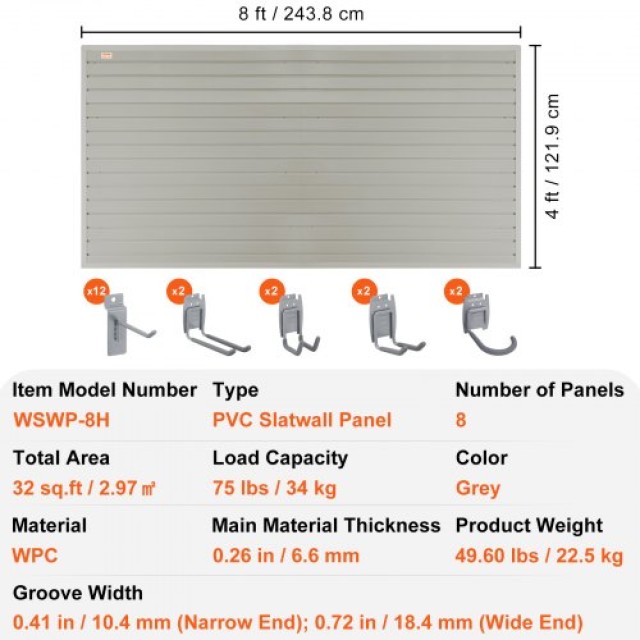 Πάνελ Slatwall VEVOR με Γάντζους, 4 ft x 1 ft Γκρι (Σετ 8) για Οργάνωση Γκαράζ/Καταστήματος  BTQBPVCS32SQICONAV0