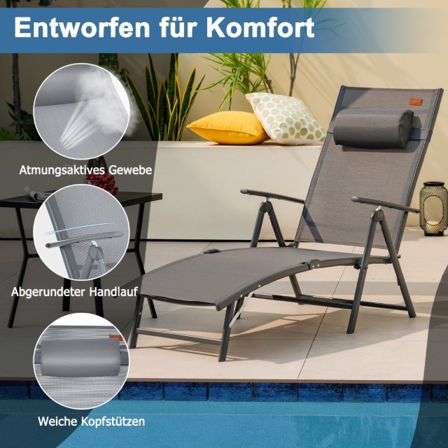Costway Πτυσσόμενη Ξαπλώστρα με 7 Θέσεις 142 x 61 x 103cm Γκρι NP11138GR
