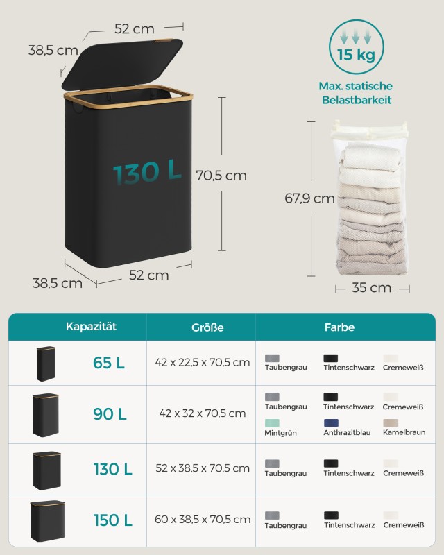 Καλάθι Απλύτων SONGMICS με Καπάκι, 2 Θέσεων, 130L, Μαύρο 