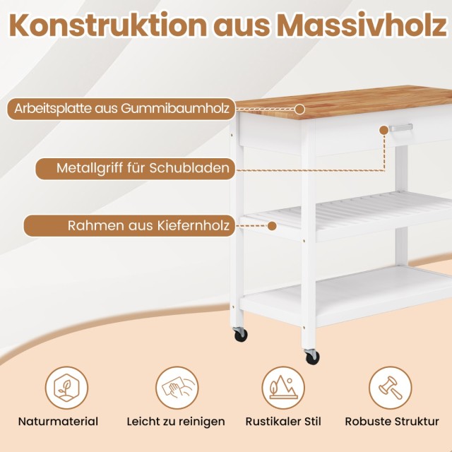 Costway Λευκός Κινητός Κουζινικός Καρότσι με Πάγκο και Συρτάρι KC58...