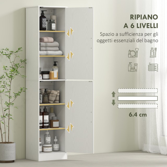 HOMCOM Λευκή Ξύλινη Στήλη Μπάνιου 40x35x180 cm με 2 Ντουλάπια και 6...
