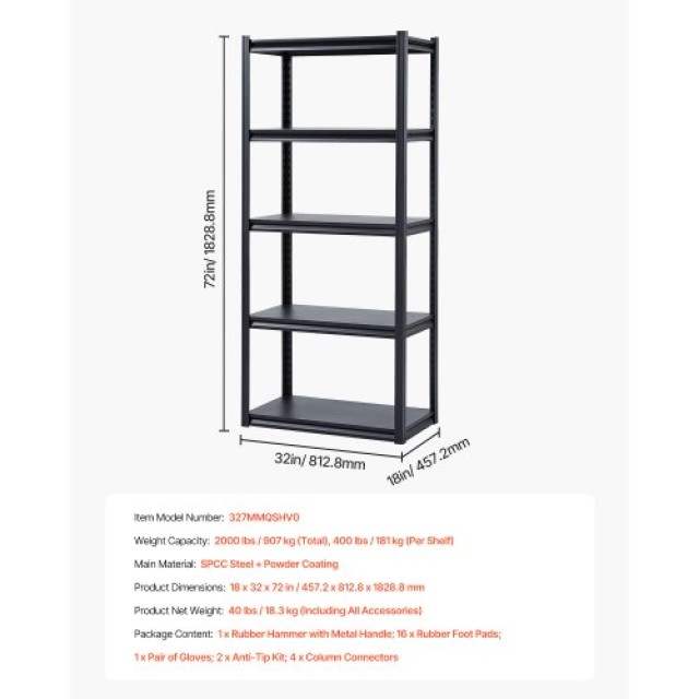 VEVOR Ράφια Αποθήκευσης 5 Επιπέδων 18 Β x 32 Π x 72 Υ για Γκαράζ JSBSXHJ18327MMQSHV0
