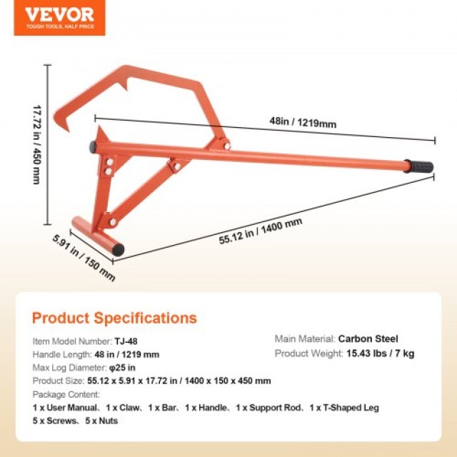 VEVOR  Ανυψωτήρας Κορμών Timberjack 46.5 για Κορμούς έως 25 Διάμετρ...