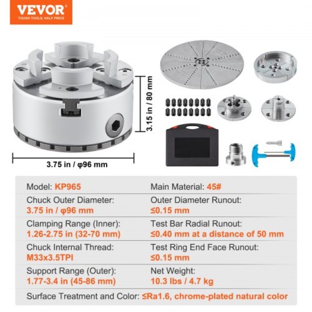 Τόρνος VEVOR KP965, 4 Σιαγόνες 3.75, Αυτοκεντρούμενος, 5 Σετ Σιαγόν...