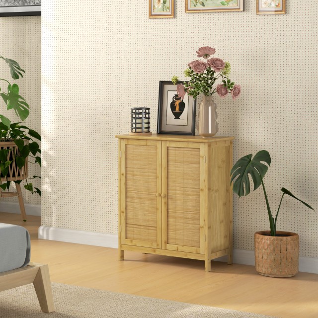 HOMCOM Μπουφές Boho στυλ από Ρατάν και Μπαμπού με 2 Πόρτες και Εσωτερικό Ράφι 60x27x67.5cm Χρώμα Ξύλου 839-981V00ND