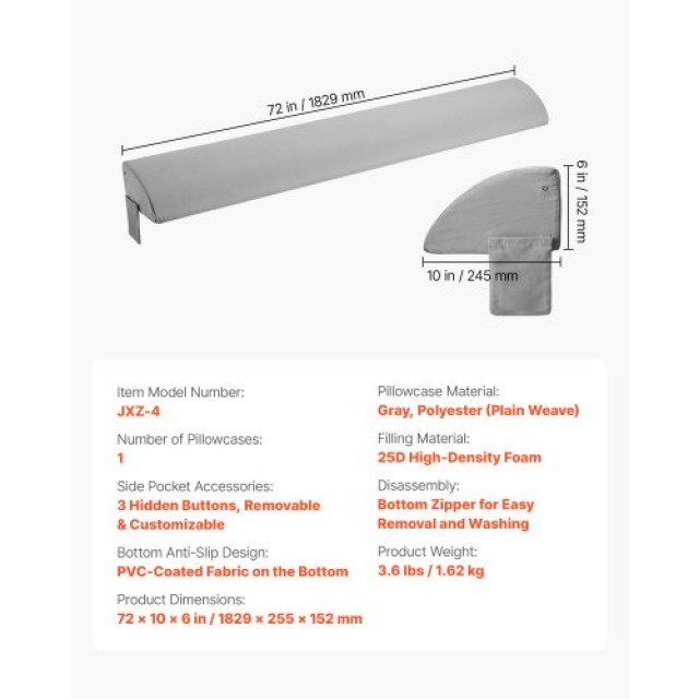 VEVOR Μαξιλάρι Σφήνα Κεφαλαριού 72 x 10 x 6 για Κενό 0-7 JXZ72610IN...