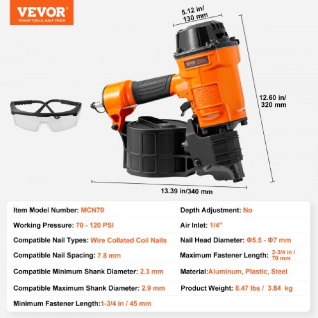 VEVOR MCN70 Πνευματικό Καρφωτικό Συσκευή 15 Μοιρών για Καρφιά 1-3/4 έως 2-3/4 ιντσών  QDJPDQ70OS0092K2VV0