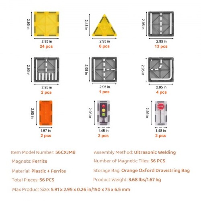 VEVOR  Μαγνητικά Πλακίδια Κατασκευής 56 Τεμ 3D Σετ για Παιδιά JTMNKCLPJMTZ221CUV0