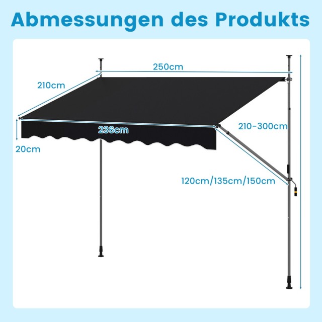 Costway Ρυθμιζόμενη Μαύρη Τέντα Μπαλκονιού 250 εκ. χωρίς Τρύπες με ...