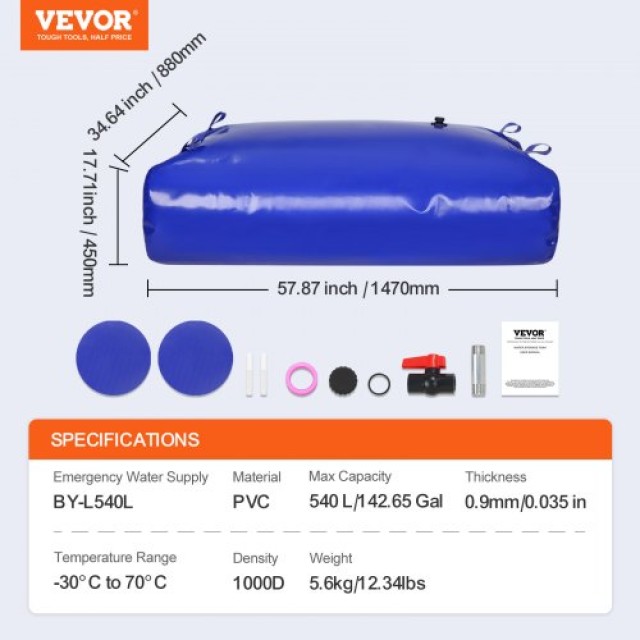 VEVOR Φορητή Δεξαμενή Νερού 540L 1000D PVC Πτυσσόμενη Δεξαμενή  CSDLSPVCB5400I9A3V0