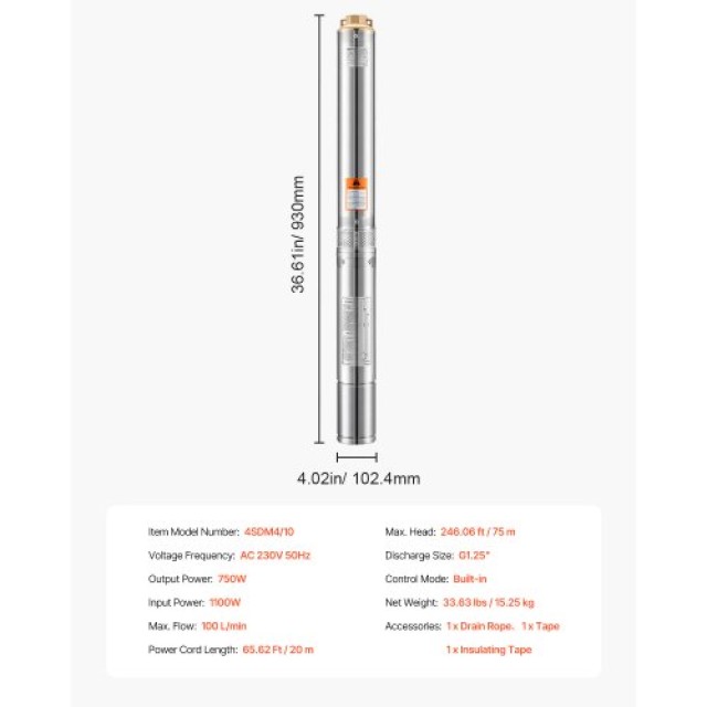 VEVOR Αντλία Υποβρύχια 750W Ανοξείδωτη 246ft 100L/min SJQSB1100W60K85DTV2