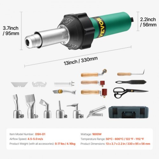 VEVOR  Πλαστικός Συγκολλητής Θερμού Αέρα 1600W με 17 Αξεσουάρ  PVCB...