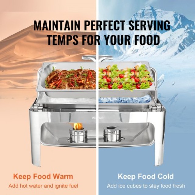 VEVOR Ορθογώνιο Roll Top Chafing Dish με 9Qt Γυάλινο Καπάκι & Θήκη ...
