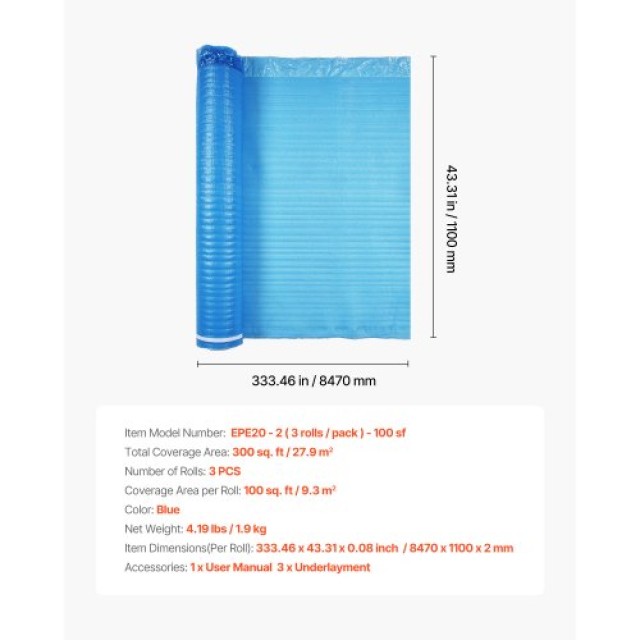 VEVOR Υπόστρωμα Δαπέδου 3mm 27.9 m² με 3-σε-1 Φράγμα Υδρατμών για Λ...