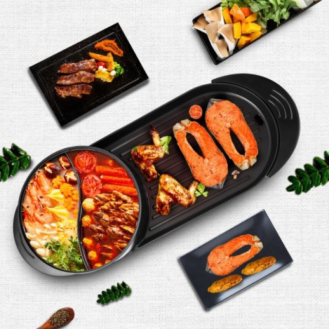 VEVOR 2 σε 1 BBQ Πλάκα & Κατσαρόλα με Διαχωριστικό, Πολυλειτουργική Ηλεκτρική Ψησταριά & Κατσαρόλα, Μαύρο  DGNH2400W220VI5LXV2
